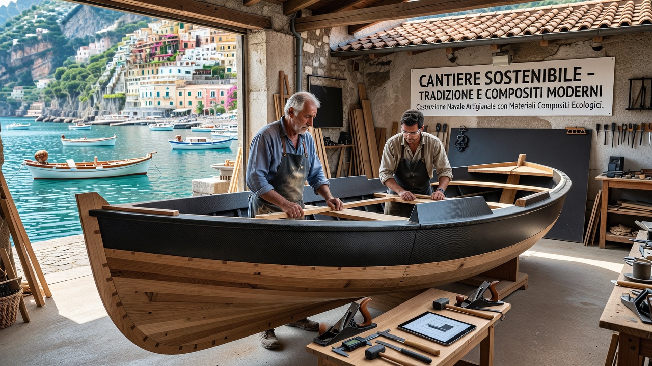 Modern composite panels being fitted to a partially completed fishing boat in an Italian shipyard with traditional tools visible in the background