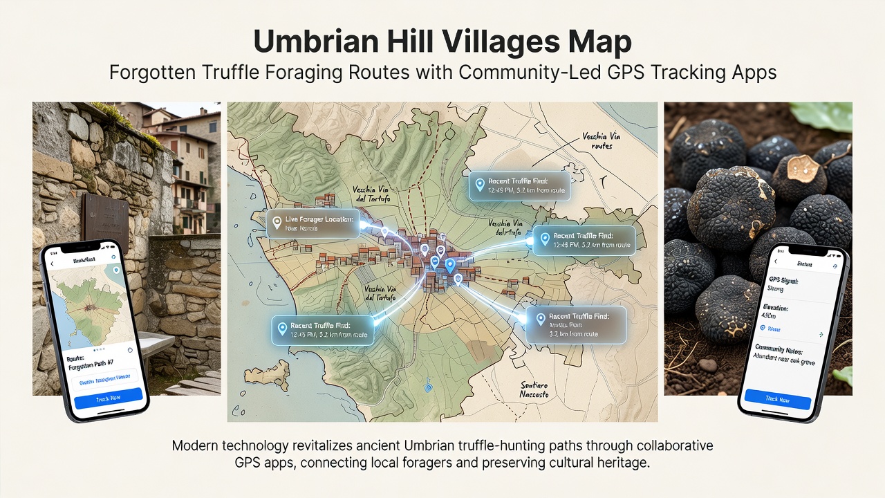 Close-up of a smartphone screen displaying a GPS tracking app interface with mapped truffle foraging routes in Umbria